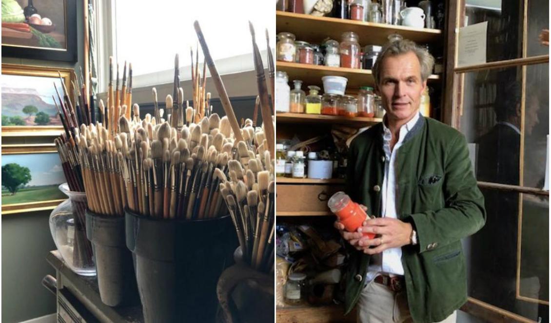 Svenska konstnären Urban Larsson med en bruk vermillion i sin ateljé i Amsterdam 13 november 2019. Larsson river själv pigment, blandar färg och preparerar dukar för att få bästa kvalitét. Foto: Susanne W Lamm