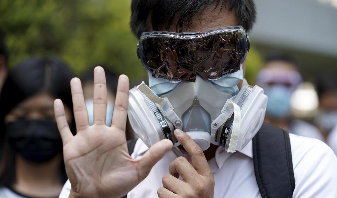 En demonstrant med gasmask i Hongkong. Foto: Vincent Thian/AP/TT