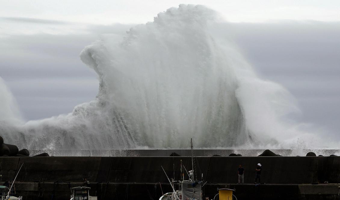 
Vågor slår in mot hamnen i Kiho i Japan på fredagen. Foto: Toru Hanai/AP/TT                                                
