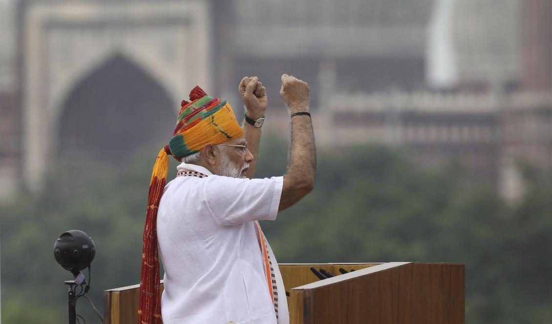 Indiens premiärminister Narendra Modi under sitt tal i New Delhi. Foto: Manish Swarup/AP/TT