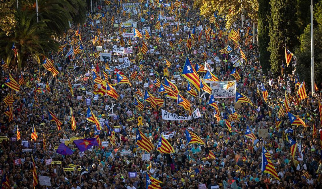 Runt 350 000 människor rapporteras ha deltagit i lördagens demonstration i Barcelona. Foto: Emilio Morenatti/AP/TT