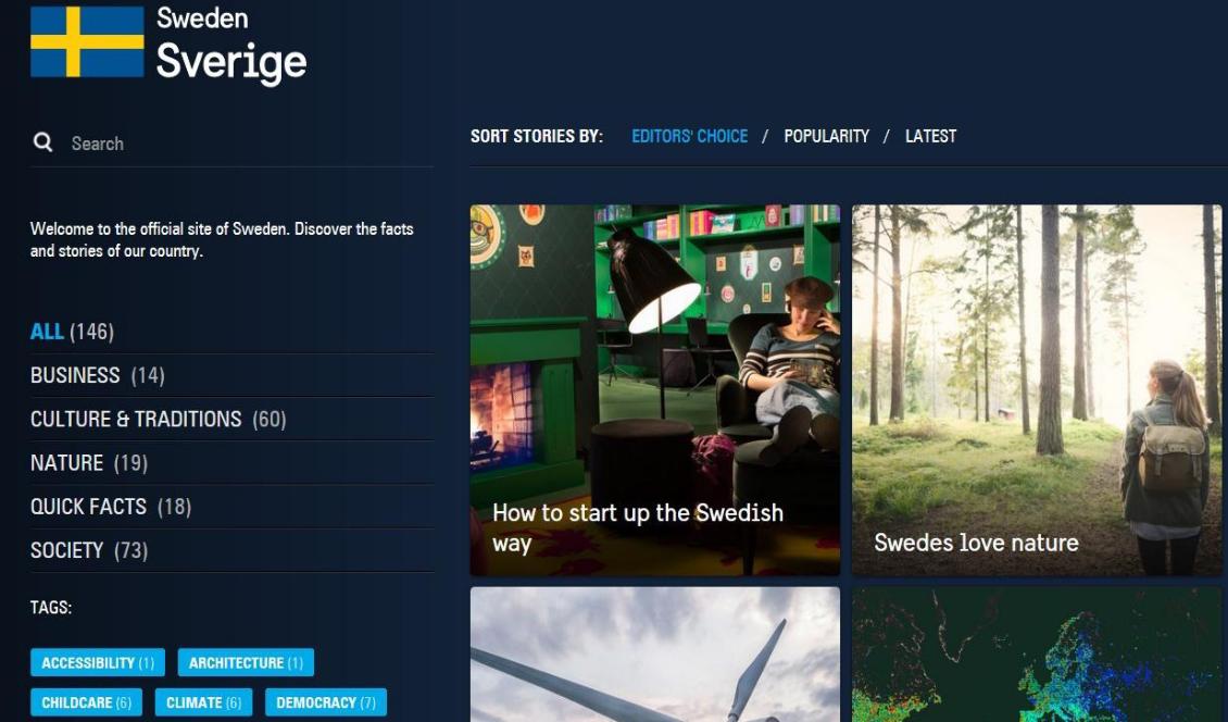 Svenska institutet får hård kritik efter att man på sin hemsida marknadsför Sverige som ett bidragsland. Foto: Skärmdump/Sweden.se