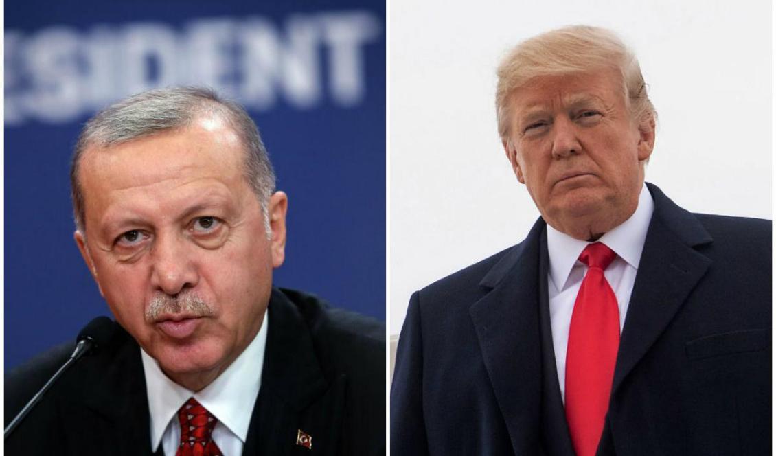 
(V)Turkiets president Erdogan talar under en presskonferens i Belgrad, den 7 okt. 2019. Foto: Oliver Bunic/AFP via Getty Images. (H) President Trump på flygplatsen i Cincinnati, Ohio, den 12 okt. 2018. Foto: Nicholas Kamm/AFP/Getty Images.                                                