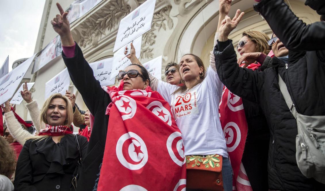 Demonstranter kräver reformer under firandet av Tunisiens självständighet den 20 mars i år. Foto: Hassene Dridi/AP/TT