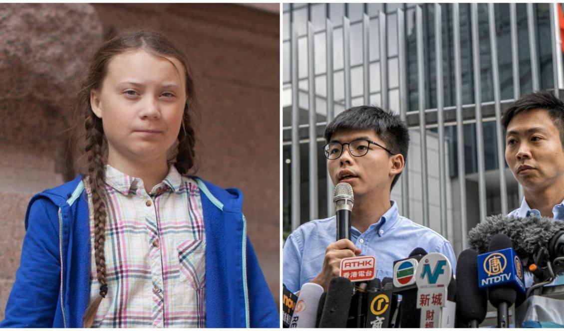 (V) Greta Thunberg utanför riksdagshuset, augusti 2018. Foto: Anders Hellberg/CC BY-SA 4.0, (H) Joshua Wong, en av de unga demokratiaktivisterna i Hongkong, 2019. Foto: Studio Incendo/CC BY 2.0