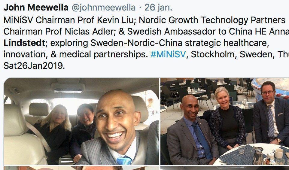 Tweet från John Meewella från helgen då händelserna ägde rum. Till vänster på väg att plocka upp Angela Gui tillsammans med Anna Lindstedt och Kevin Liu. Till höger tillsammans med entreprenören Niclas Adler.