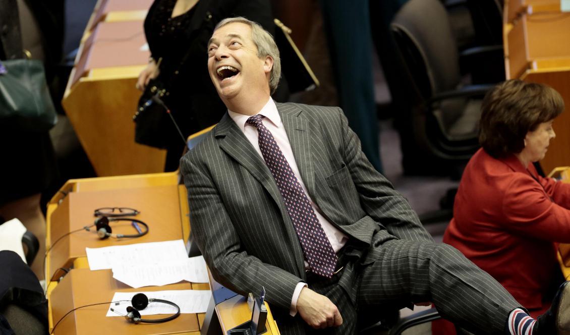 En glad Nigel Farage, EU-parlamentsledamot för Brexitpartiet, inför parlamentets omröstning om brexit. Foto: Virginia Mayo/AP/TT