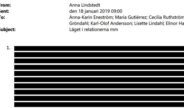 Mejl-konversation ur förundersökningen till åtalet mot Sveriges tidigare ambassadör i Kina, Anna Lindstedt. Delar av anteckningarna är maskerade i förundersökningen.