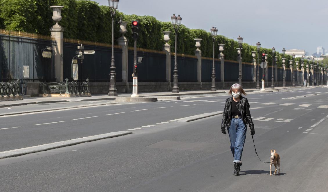 
En kvinna rastar hunden i Frankrikes huvudstad Paris. Foto: Michel Euler/AP/TT-arkivbild                                                