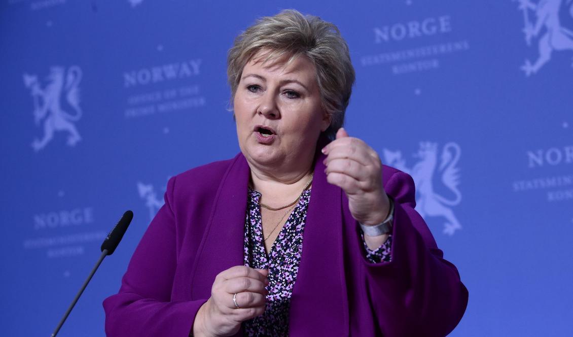Norges statsminister Erna Solberg under en presskonferens i Oslo den 16 mars 2020. Foto: Lise Åserud/NTB Scanpix/AFP via Getty Images