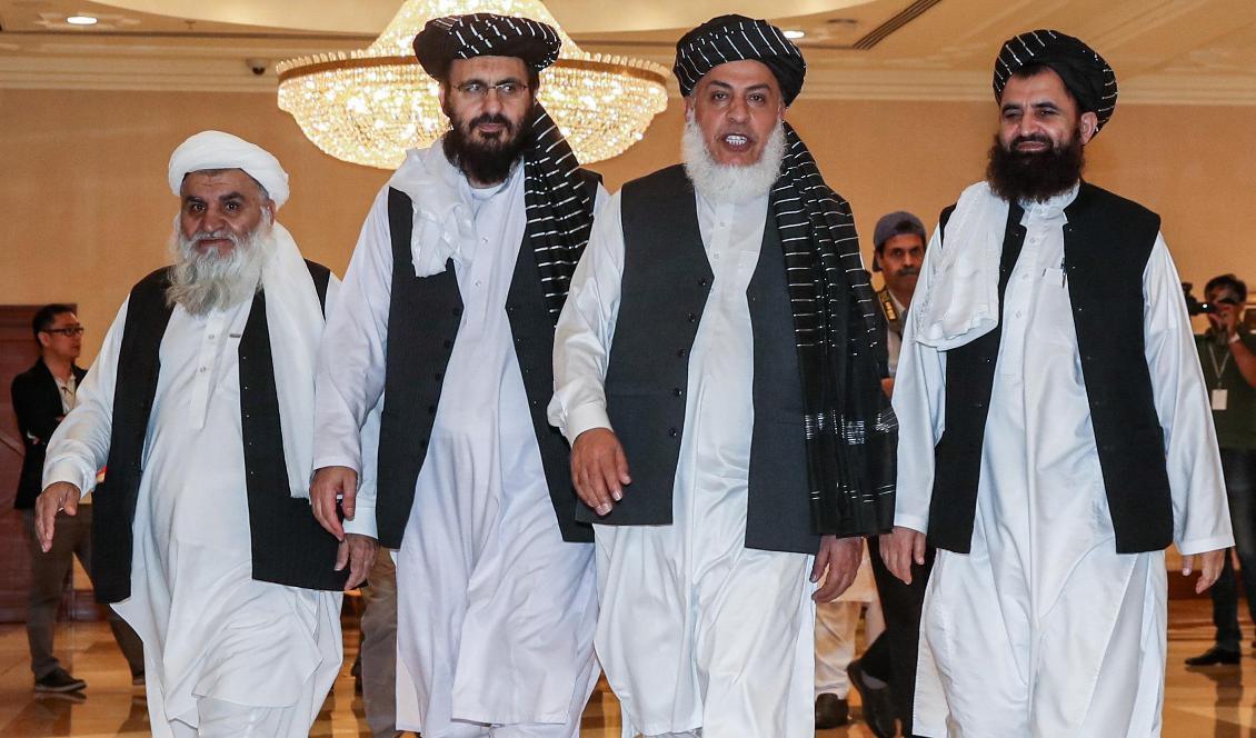 
Talibanmedlemmar vid en konferens i Qatars huvudstad Doha den 8 juli 2019. Foto: Karim Jaafar/AFP via Getty Images                                                
