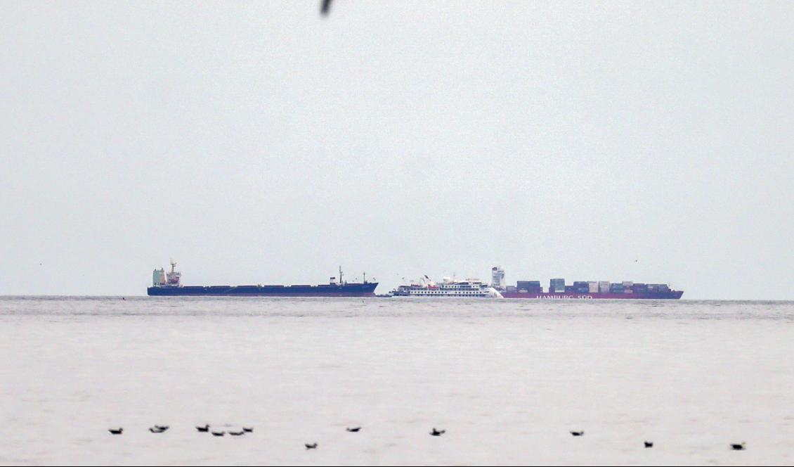 Ett australiskt kryssningsfartyg ligger för ankar omgivet av två lastfartyg utanför hamnen i Montevideo, Uruguay. Tiotusentals sjömän är fast till havs på grund av coronapandemin. Foto: Matilde Campodonico/AP/TT