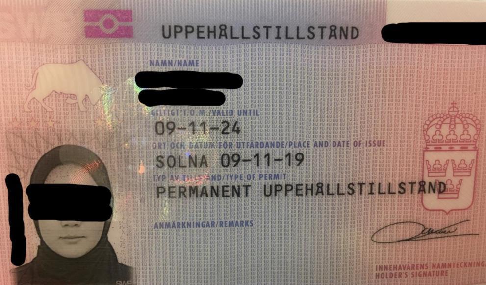 Fatemeh Khavaris uppehållstillståndskort. Foto: Polismyndigheten
