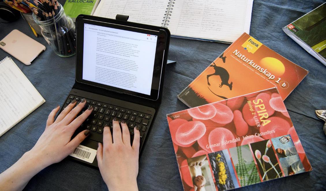 Sedan mars 2020: Studier på distans. Och höstterminen 2020? Ingen vet, men alla gymnasieskolor gör sig redo för fortsatt distansundervisning. Foto: Jessica Gow/TT-arkivbild