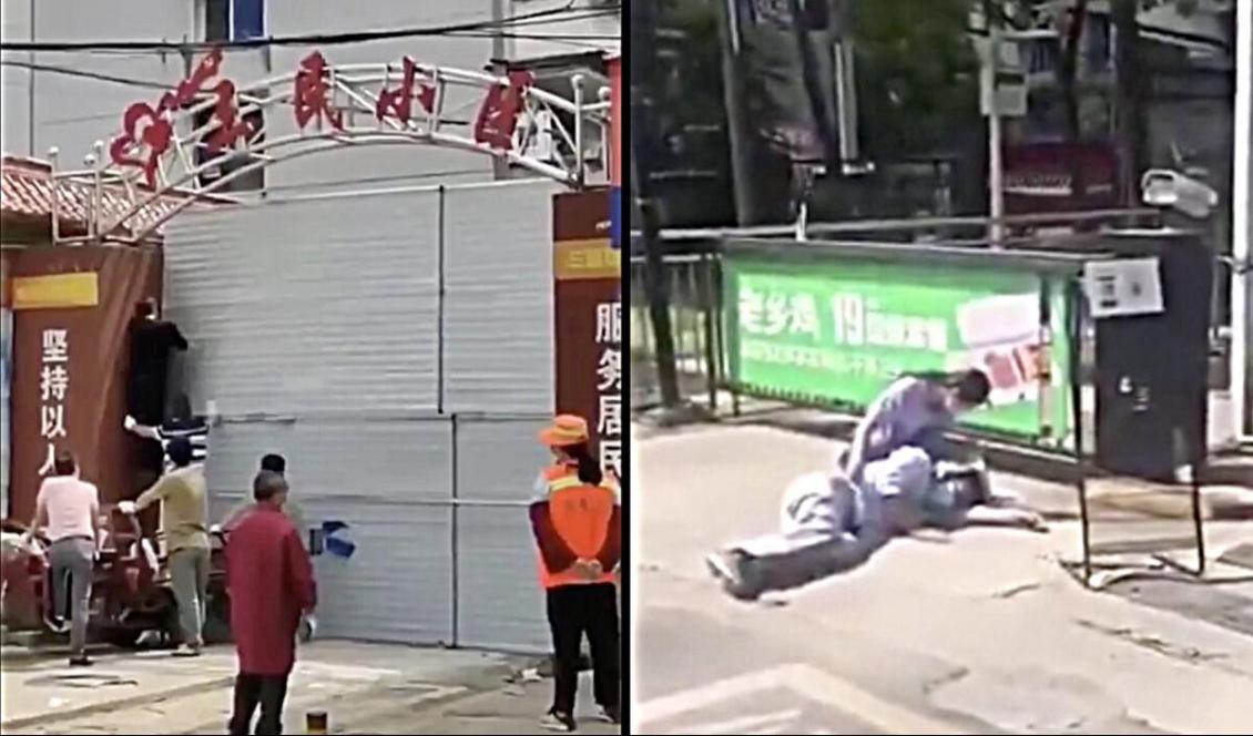 Arbetar (vä) stänger entrén till boendekomplexet Sanmin i Wuhan. En person (hö) har plötsligt fallit till marken i Wuhan, den 14 maj 2020. Foto: Skärmavbild