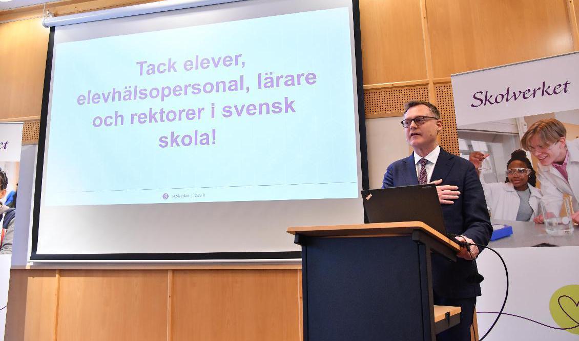 Skolverkets generaldirektör Peter Fredriksson presenterade Pisarapporten under en pressträff i Stockholm i december. Foto: Jonas Ekströmer/TT-arkivbild