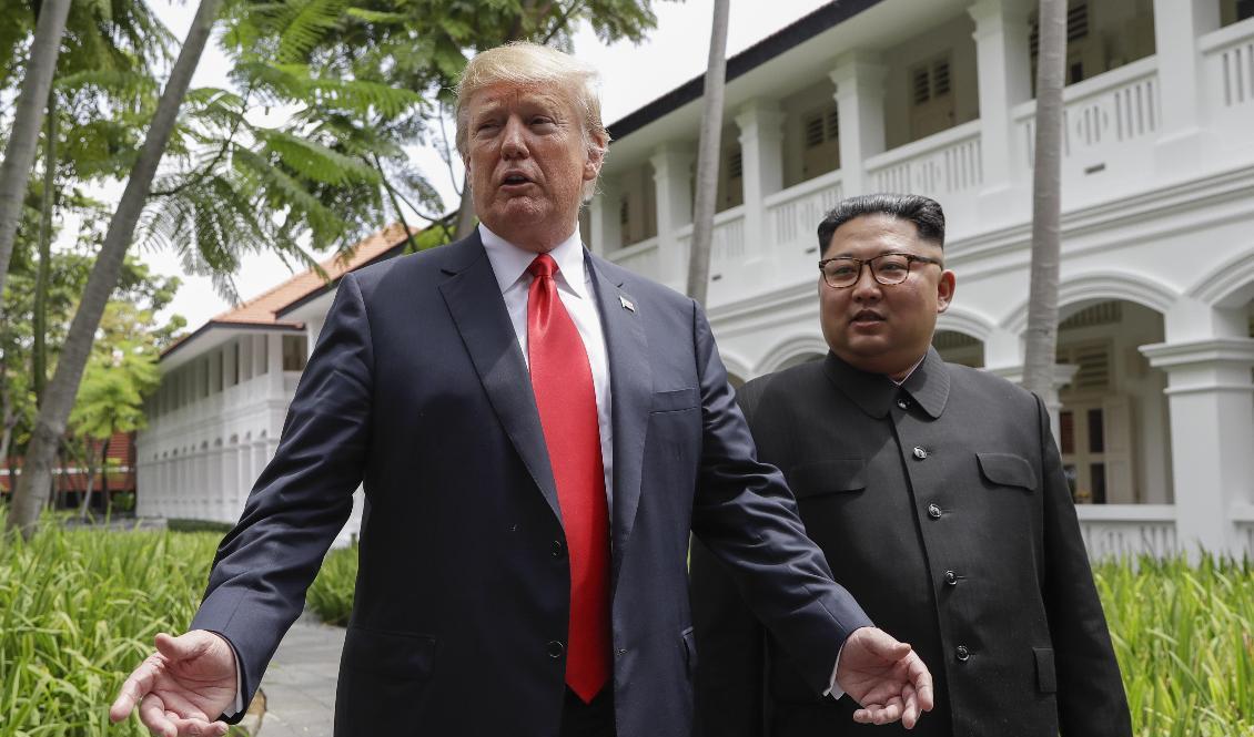 När Donald Trump och Kim Jong-Un möttes i Singapore den 12 juni 2018 var det första gången som en sittande amerikansk president och en nordkoreanskledare träffades. Foto: Evan Vucci/AP/TT