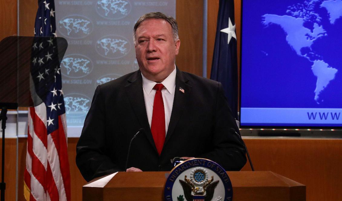 USA:s utrikesminister Mike Pompeo talar under en presskonferens på utrikesdepartementet i Washington DC den 7 april 2020. Foto: Leah Millis/AFP via Getty Images
