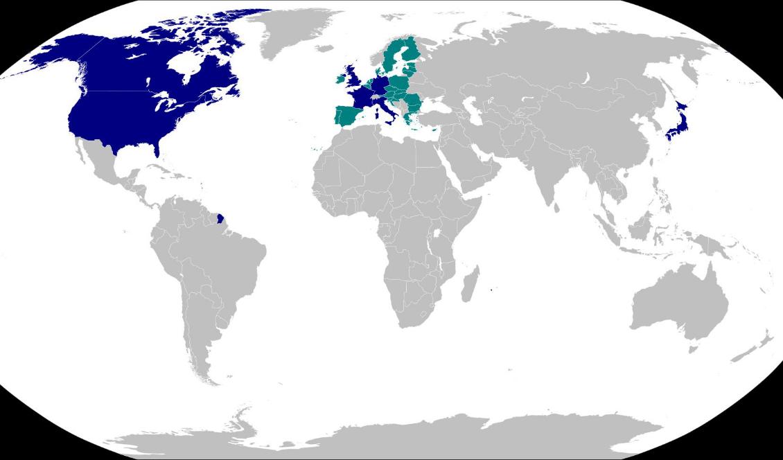G7-länder (mörkblå) och EU-länder (turkos) som inte är med i G7.