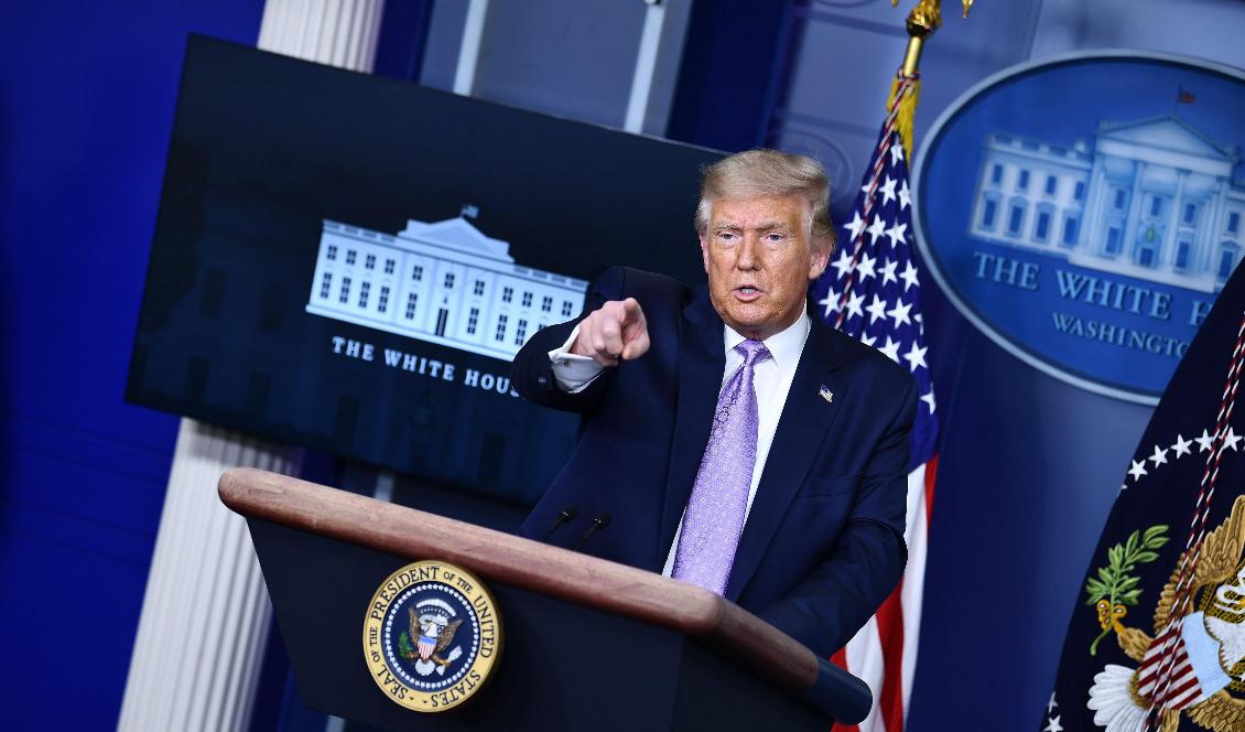 USA:s president Donald Trump talar under en presskonferens i Vita huset i Washington D.C. den 13 augusti 2020. Foto: Brendan Smialowski/AFP via Getty Images