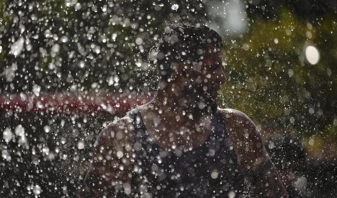 En invånare i Fountain Valley kyler av sig under värmeböljan i augusti. Nu hemsöker en ny värmebölja Kalifornien. Arkivbild. Foto: Jae C. Hong/AP/TT