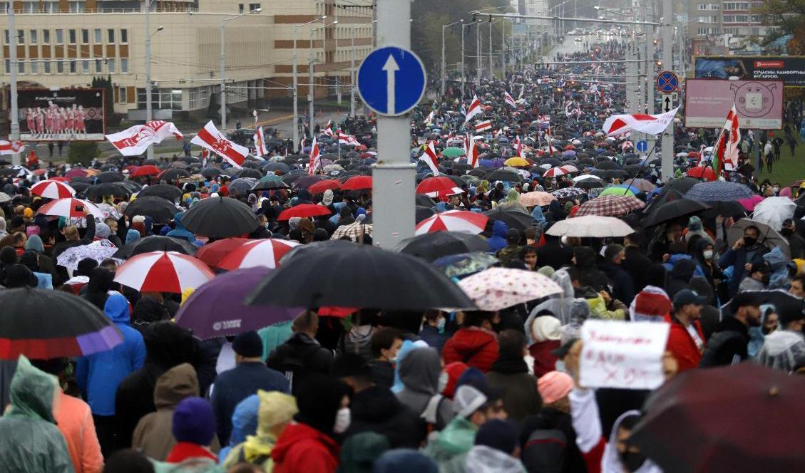 Demonstrationen i Minsk på söndagen. Över 700 personer greps och fördes bort. Foto: AP/TT