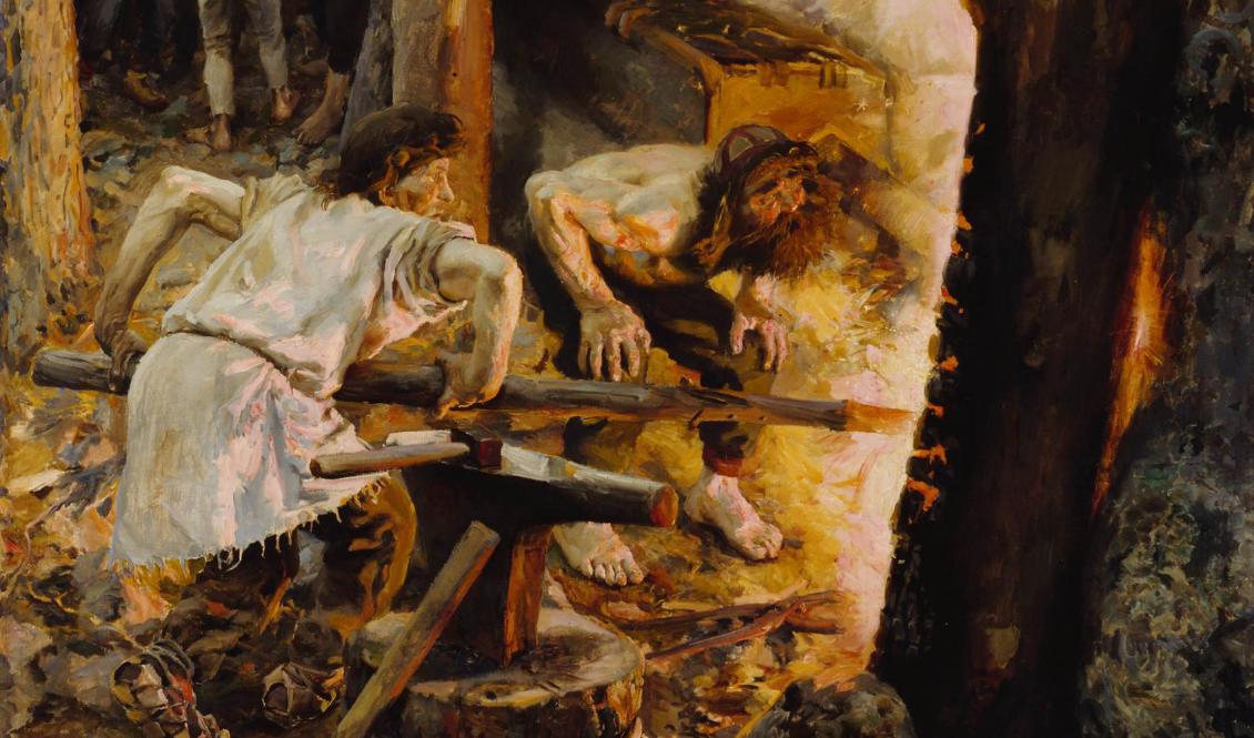 "Sampo smides" av Akseli Gallen-Kallela 1893, detalj. Olja på duk, 200 x 152 cm. Ateneum, Helsingfors. (Public Domain)