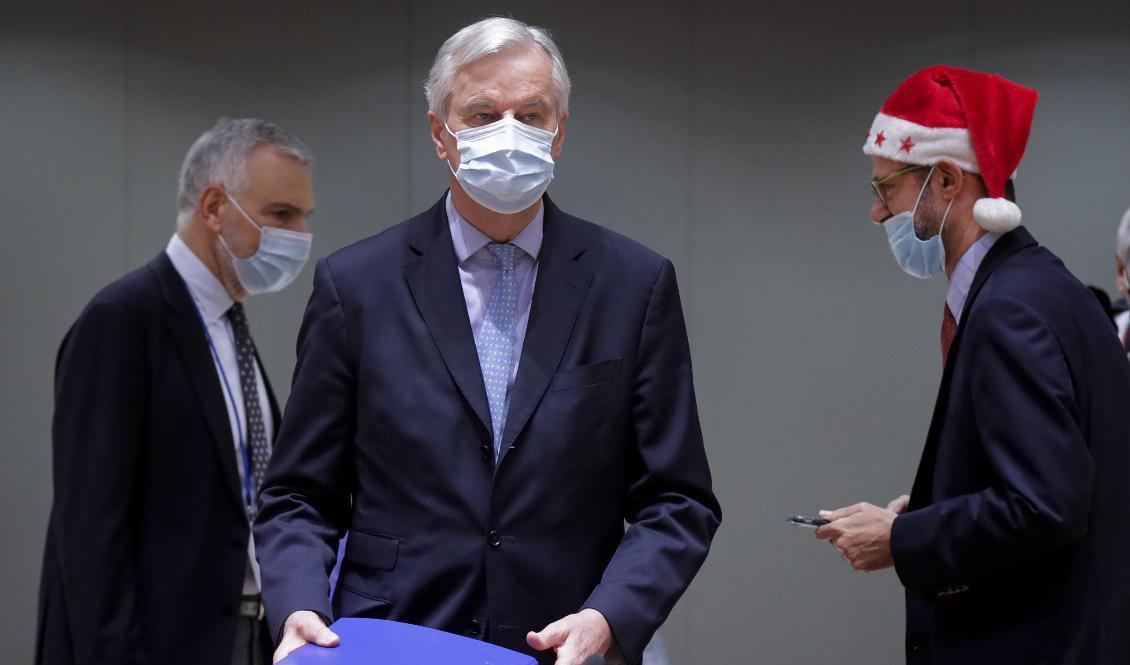 EU:s chefsförhandlare Michel Barnier, i mitten, då han briefade EU-ambassadörerna om brexitavtalet på juldagen. Foto: Olivier Hoslet/AP/TT