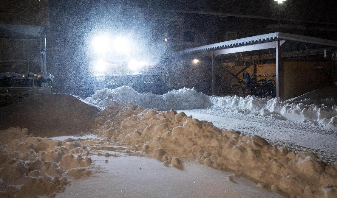 En traktor plogar bland några hus i snöovädret i Umeå, på tisdagsmorgonen den 12 januari. Foto: Erik Abel/TT