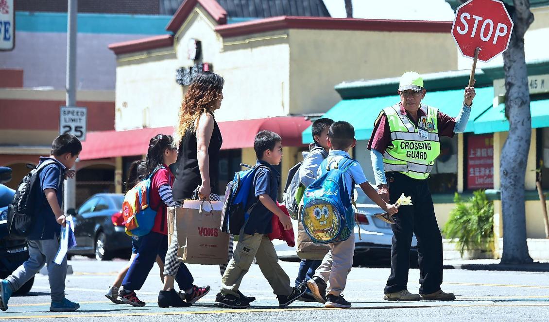 Skolbarn korsar en bilväg i Monterey Park, Kalifornien. Skolbarn ända ner i förskoleåldern kan nu komma att ta del av kritisk rasteori i undervisningen, efter ett beslut på delstatsnivå. Foto: Frederic J. Brown/AFP via Getty Images