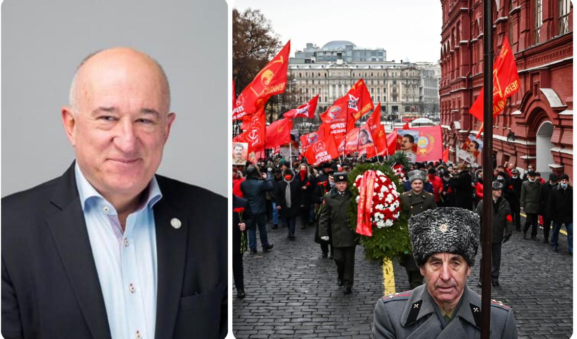 Sotiris Delis, tidigare riksdagsledamot för Moderaterna (vä). Än idag marscherar Ryska kommunistpartiets anhängare för att lägga blommor vid Stalins grav på hans födelsedag. Minnesceremoni vid Röda torget i Moskva, 21 december 2020 (hö). Foto: Privat (vä), Alexander Nemenov/AFP via Getty Images (hö)