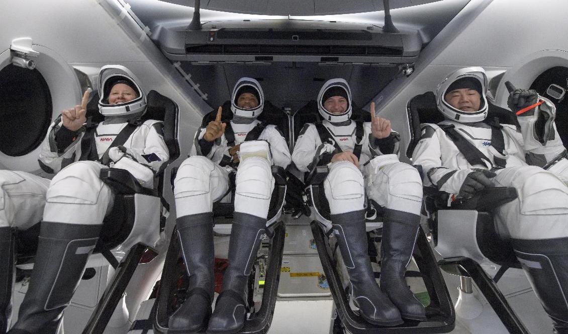 Astronauterna Shannon Walker, Victor Glover, Michael Hopkins och Soichi Noguchi efter landning. Bild från Nasa. Foto: Bill Ingalls/Nasa/AP/TT