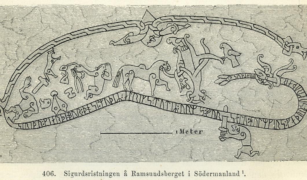 
Sigurdsristningens motiv är hämtat ur sagan om Sigurd Fafnesbane så som den beskrivs i Snorres Edda. Den illustrerar en kort episod i Sigurds liv. Foto: Pulic domain                                            