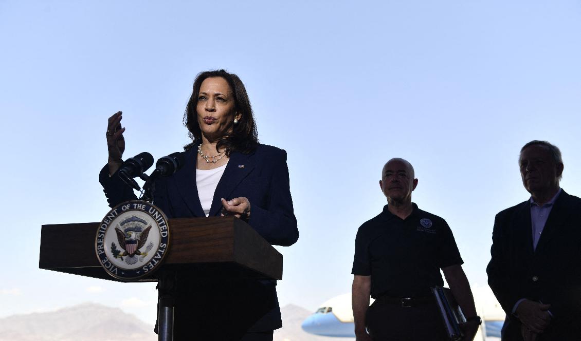 Kamala Harris talar på en presskonferens i El Paso i Texas. Harris besökte en gränsstation och träffade lokala politiker och organisationer. Foto: Patrick T. Fallon/AFP via Getty Images