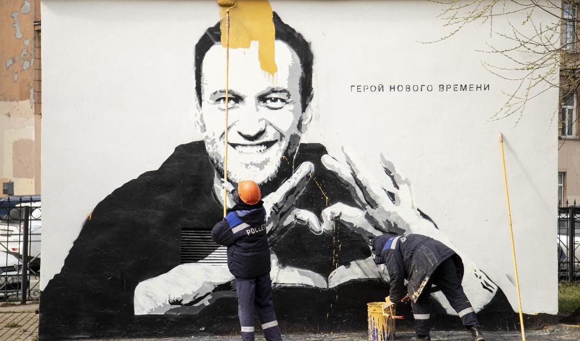 Ett porträtt av Aleksej Navalnyj i Sankt Petersburg målas över. En domstol har nu avvisat hans överklagan. Arkivbild. Foto: Ivan Petrov/AP/TT