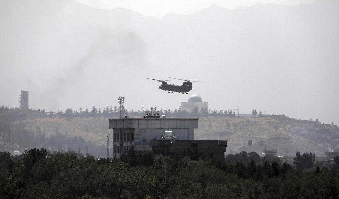 
En amerikansk helikopter ovanför landets ambassad i Kabul. Foto: Rahmat Gul/AP/TT                                            