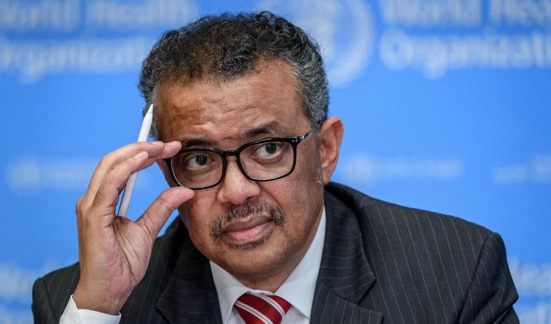 Världshälsoorganisationens, WHO:s, generaldirektör Tedros Adhanom Ghebreyesus 11 mars 2020. Foto: Fabrice Coffrini/AFP via Getty Images
