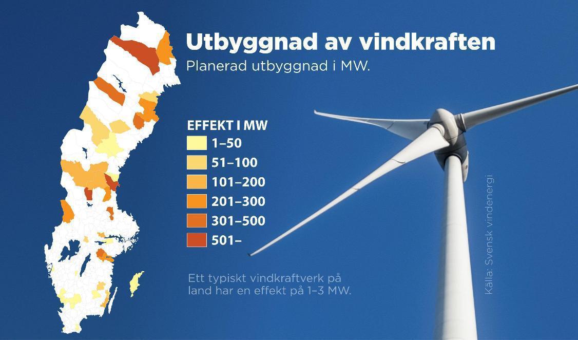Planerad utbyggnad av vindkraft i Sverige (MW). Foto: Anders Humlebo/TT