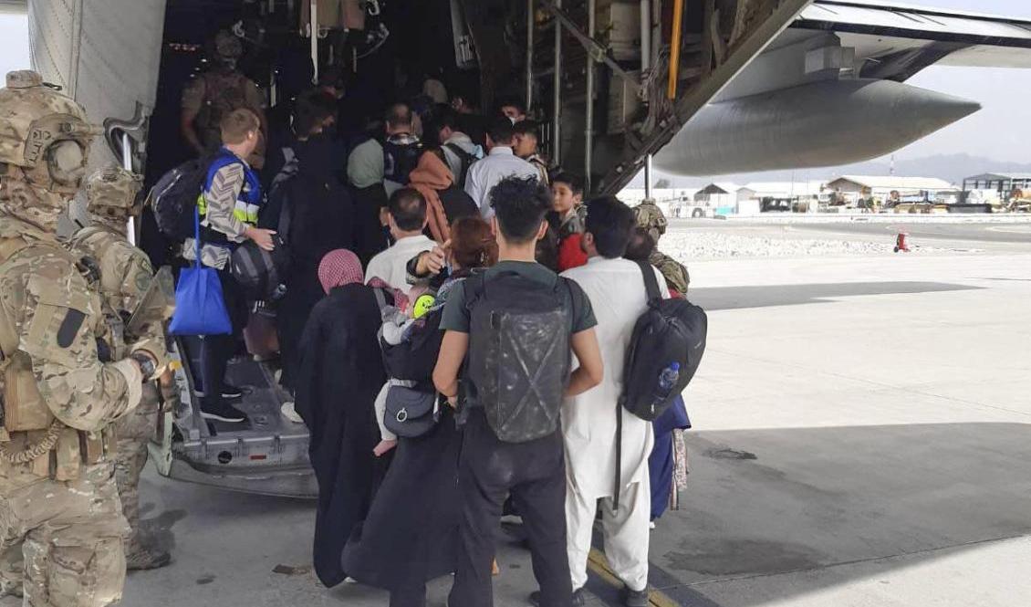 Svenska försvarsmaktens Hercules 848 evakuerar människor på Kabuls flygplats i augusti. Foto: Försvarsmakten/TT