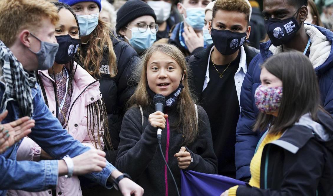 Greta Thunberg på plats vid klimatmötet i Glasgow. Foto: Andrew Milligan/AP/TT