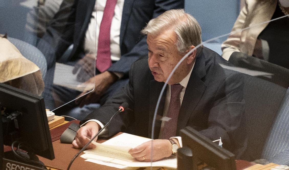 FN:s generalsekreterare António Guterres under ett sammanträde för säkerhetsrådet. Arkivbild. Foto: John Minchillo/AP/TT