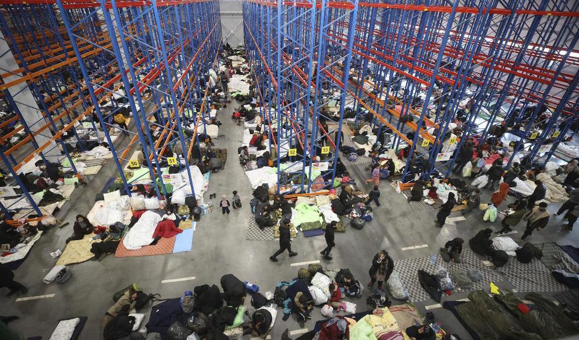Omkring 2|000 migranter som har tältat vid gränsen mellan Belarus och Polen har låtit sig köras till en närliggande hangar, där de sover natten till fredag. Foto: Leonid Shcheglov/Belta via AP/TT