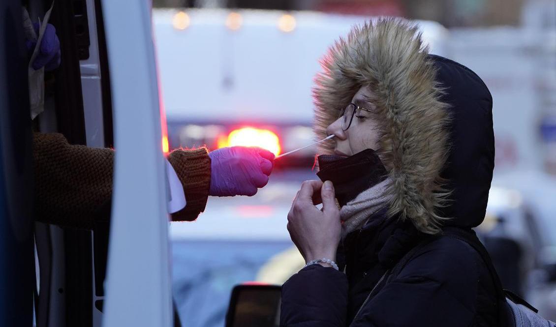 En kvinna testar sig för covid-19. Spridningen av omikronvarianten kan ha nått sin kulmen i Storbritannien, och snart även i USA. Foto: Seth Wenig/AP/TT