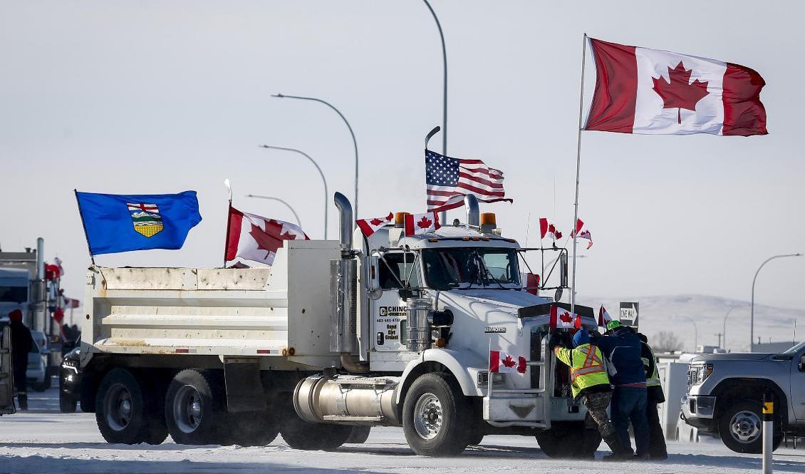 Lastbilar har börjat lämna gränsstaden Coutts i Kanada. Arkivbild. Foto: Jeff McIntosh/AP/TT