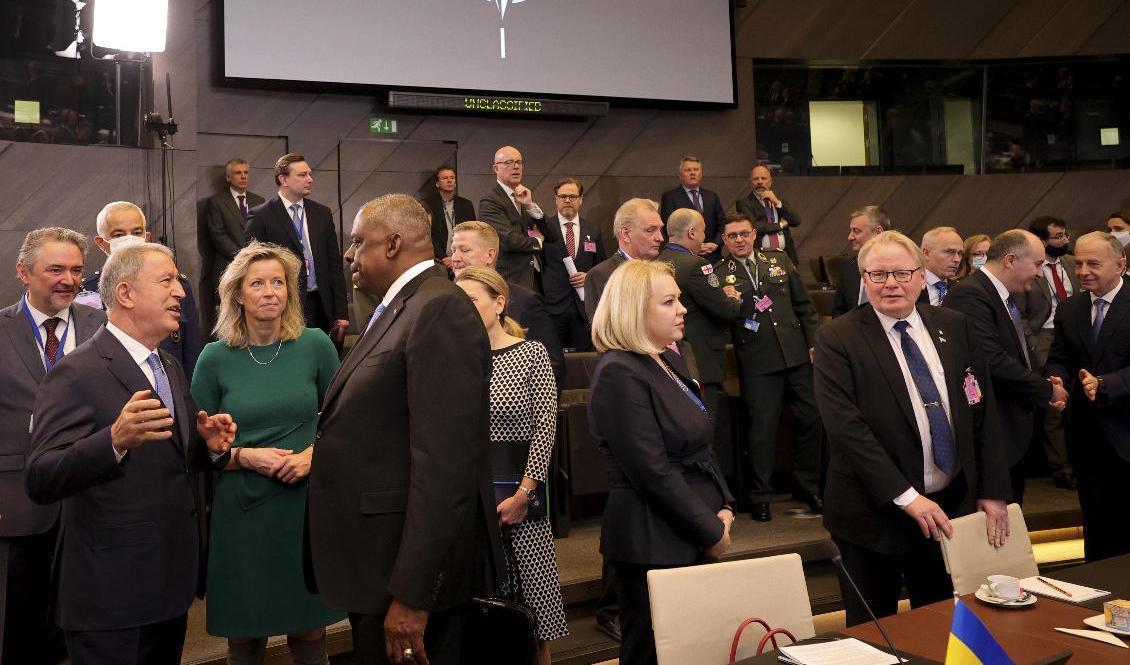 Försvarsministrar från Nato-länderna, samt Sverige, Finland, Georgien och Ukraina i möte i Bryssel under onsdagen. Foto: Olivier Matthys/AP/TT