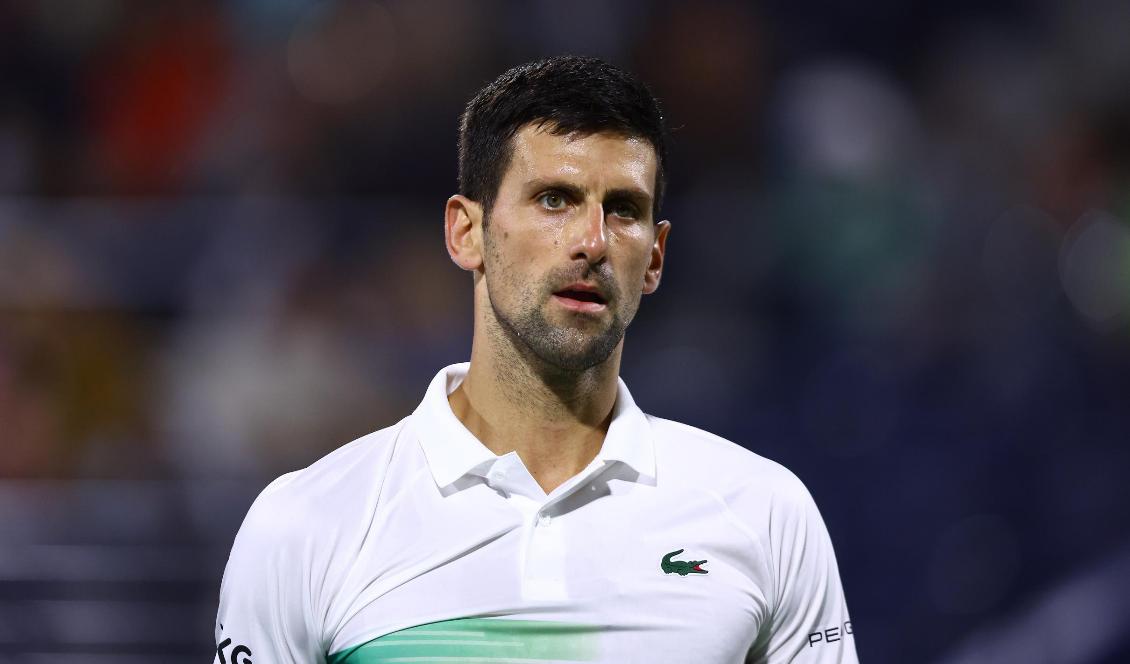 Den serbiske yennisspelaren Novak Djokovic under en match i Dubai i Förenade Arabemiraten den 21 februari 2022. Foto: Francois Nel/Getty Images