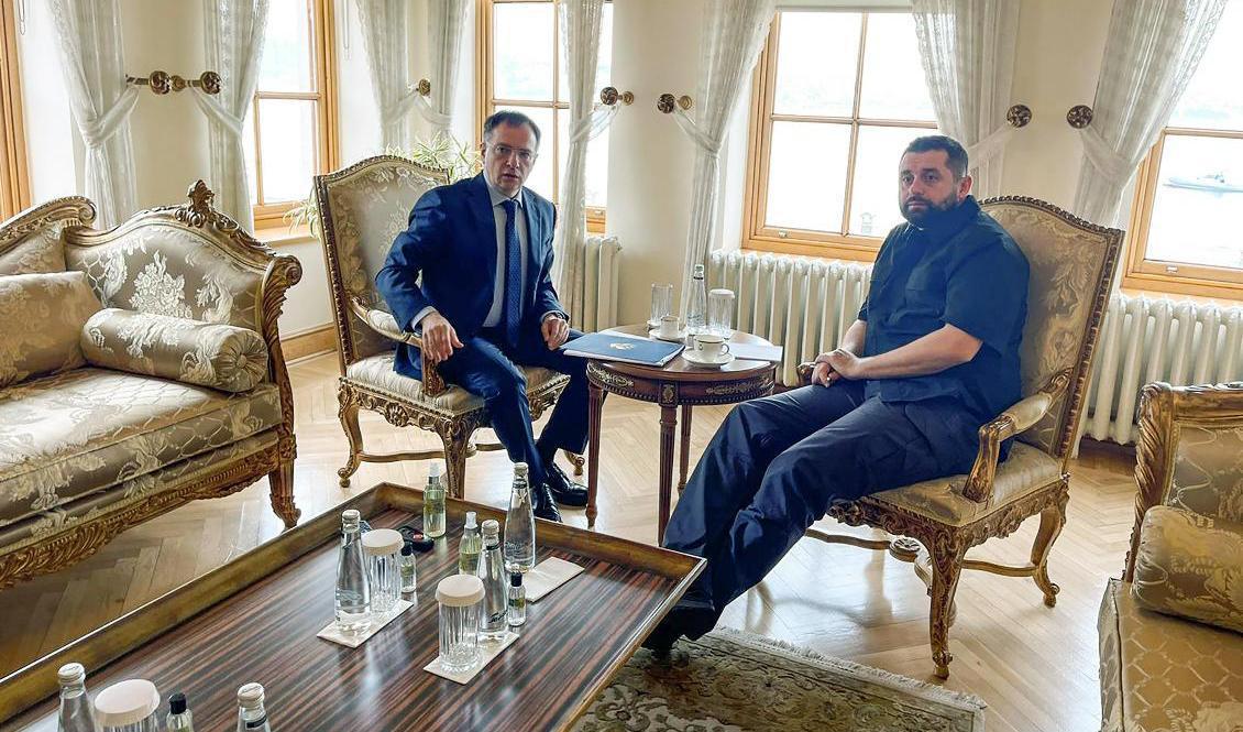 Rysslands Vladimir Medinskij och Ukrainas David Arakhamia vid ett möte mellan länderna i Istanbul tidigare i veckan. Foto: AP/TT