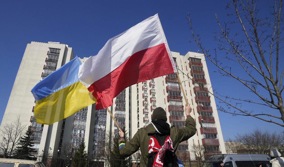 
En man håller upp den ukrainska flaggan och den polska flaggan framför en byggnad i P0lens huvudstad Warszawa som hyser ryska diplomater. På fredagen kom beskedet att Ryssland utvisar 45 polska diplomater. Arkivbild. Foto: Czarek Sokolowski/AP/TT                                            