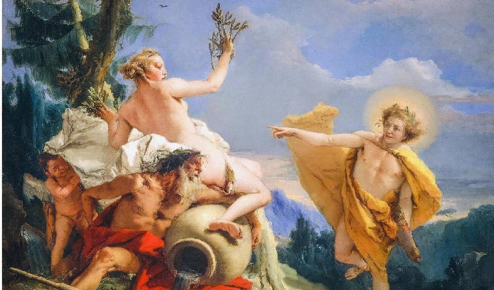 
Eros och Daphnes far, flodguden Peneus, ingår i denna målning. ”Apollo och Daphne”, cirka 1743, av Giovanni Battista Tiepolo. Louvren. Foto: Public Domain                                            