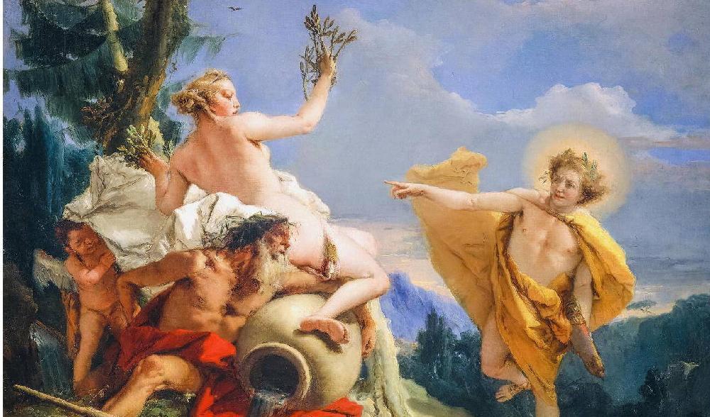 Eros och Daphnes far, flodguden Peneus, ingår i denna målning. ”Apollo och Daphne”, cirka 1743, av Giovanni Battista Tiepolo. Louvren. Foto: Public Domain